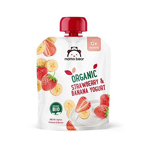Amazon-Marke: Mama Bear Bio Zubereitung aus Joghurterzeugnis, Erdbeere, Banane und Joghurt, Vegetarian, 90g (6er-Pack) (Packung mit 2)