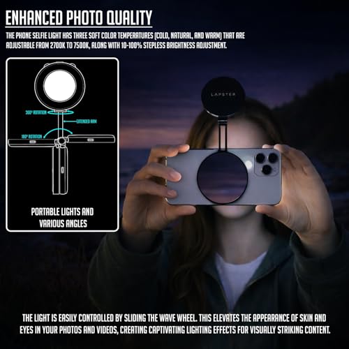 Image of Lapster Luma Flex Magnetic Selfie Ring Light with Makeup Mirror, 3 Color Modes, 360 Rotatable, Type-C Rechargeable, for Phone, Laptops, Tablets & Other Gadgets