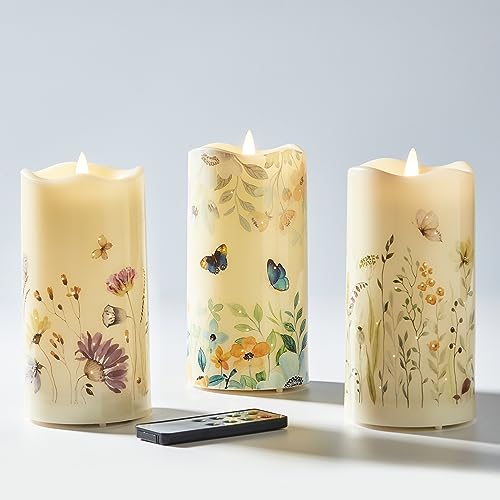 Eywamage Fiber Optic Flameless Candles Set of 3, Butterfly Floral Candles Battery Operated, LED Pillar Candles with Remote Î¦ 3\" H 6\"