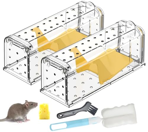 2 Pack Humane Mouse Traps for Indoors No Kill Live Catch Pets and Children Friendly Mouse Trap Mice Release Mouse Washable Reusable Outdoors Rat Traps with Cleaning Brush Field Mouse Rodent Control