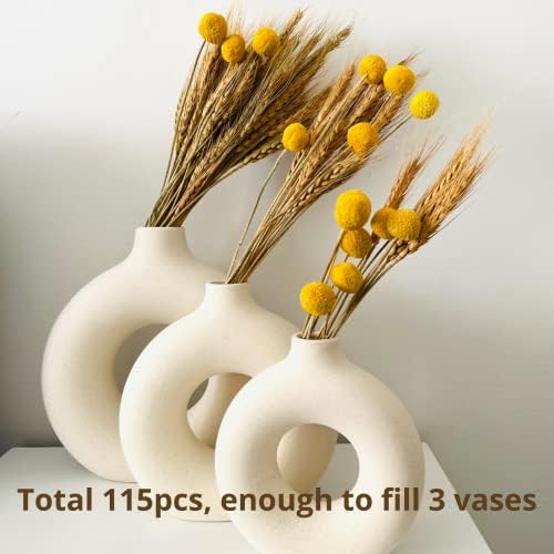100pcs Dried Wheat Bunch Stalks & 15pcs Dried Yellow Billy Buttons Craspedia Flower Balls, Artificial Flowers Bouquet Grass Flora For Home Decor, Autumn Decor, Wreath Making, Cake Decorations Flowers