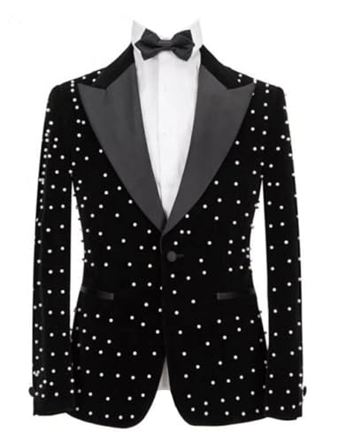 Men's Black Velvet Blazer with Crystal Pearl Embellishments Single Breasted One Button for Wedding