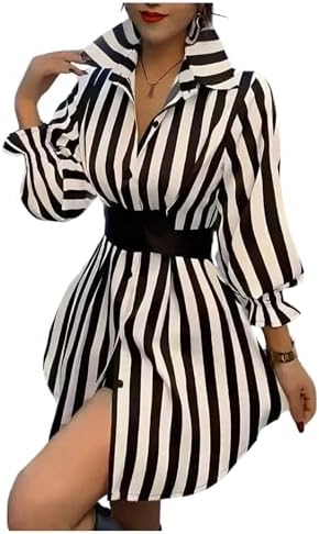 SweatyRocks Women's Striped Button Down Shirt Dresses Lantern Sle...