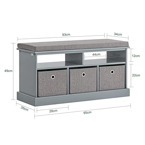 Haotian Fsr67-Dg, Grey 3 Baskets Hallway Storage Bench, Shoe Bench Shoe Rack Shoe Cabinet With Seat Cushion #TOP1