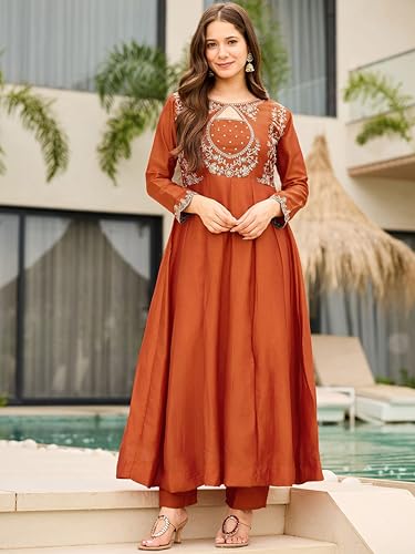 Image of Silk Anarkali Kurta Set, Rust Orange, Embroidered, 3-Piece with Dupatta, Women's Festive Wedding Ethnic Wear.