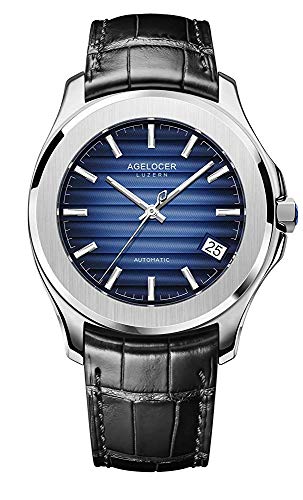 Agelocer Reloj analógico de acero inoxidable de la marca superior de los hombres vestido de lujo mecánico automático calendario reloj analógico banda de cuero, Nk_6304a1,