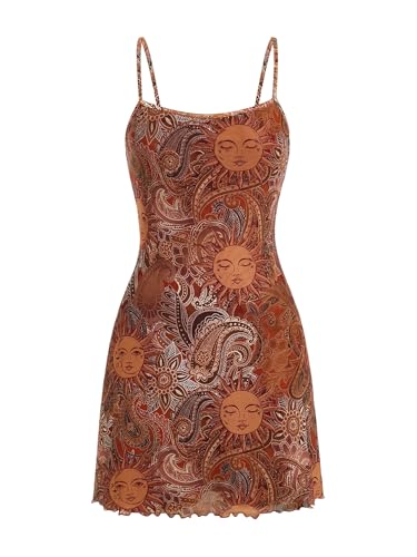Image of Milumia Women's Summer Mini Dress 90s Boho A Line Mesh Short Dresses | Spaghetti Strap,Sleeveless,Vintage,Paisley Print,Festival Outfits,Cowgirl,Y2k,Goth,