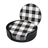 Juego de 6 posavasos de cuero con estampado a cuadros en blanco y negro con caja de piel sintética, resistentes al calor, para mesa de cristal, oficina en casa