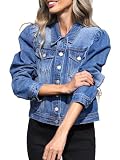 LifeShe Womens Puff Sleeve Denim Jacket Cropped Button Down Jean Jacket Blue Trendy Western Denim Jacket