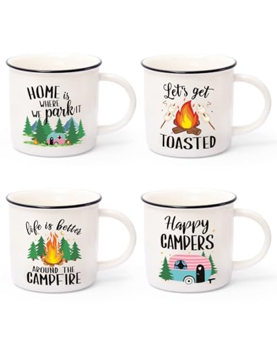 Rhdekoein Camping Coffee Mug Set of 4 Happy Campers Campfire Tea Cups for Coffee Tea Milk Travel Ceramic Mug Camping Lover Holiday Gifts