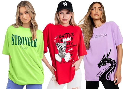 Image of LEOTUDE Women's Cotton Regular Fit Half Sleeve Oversized Tshirt, Round Neck Longline Drop Shoulder | ful Printed Combo T-Shirt (Pack Of 3)