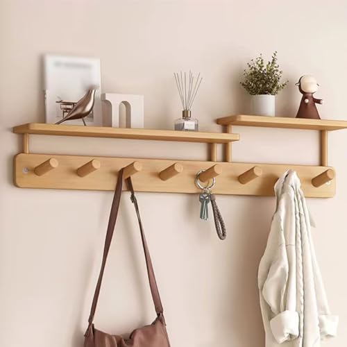 Perchero para colgar en la pared, perchero de entrada con 4 ganchos dobles, estante flotante de pared con estante para sombreros, para cocina, dormitorio, baño (madera original, 40 x 6 x 7,5 cm)
