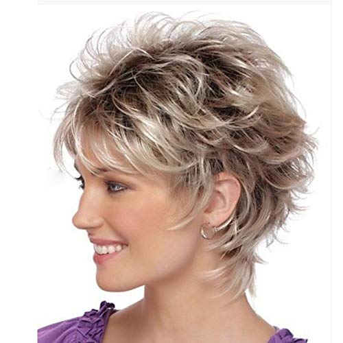LEJIMEI Blonde Wigs for White Women Short Blonde Mixed Red Brown Bob Hair Wigs with Bangs Costume Party Synthetic Wigs with Wig Cap LM058
