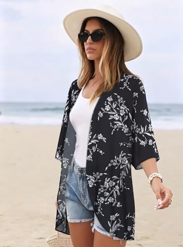 Image of Women's Floral Print Puff Sleeve Kimono Cardigan Loose Cover Up Casual Blouse Tops 2026