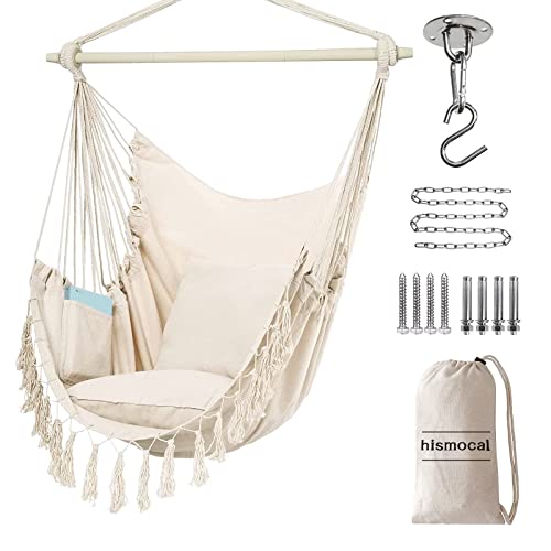 Hanging Hammock Chair Swing Indoor- Patio Outdoor Rope Hanging Chairs Sturdy & Safe For Bedroom Decor Or Camping Gear,Max 330 Lbs,2 Comfort Cushions Included For Kids Girls,Easy To Assemble,Beige #TOP9