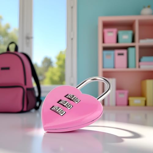 Image of Pink Love Heart Shape Combination Padlock for Girls Women,Mini 3-Digit Password Resettable Code Locker Lock for School，Padlocks and Hasps，Combination Padlocks