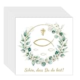 40 Servietten Kommunion, 33x33 cm Fisch & Eukalyptus Design, „Schön, dass du da bist!“, Tischdeko für Taufe, Kommunion, Konfirmation Deko Junge Mädchen,Festliche Anlässe