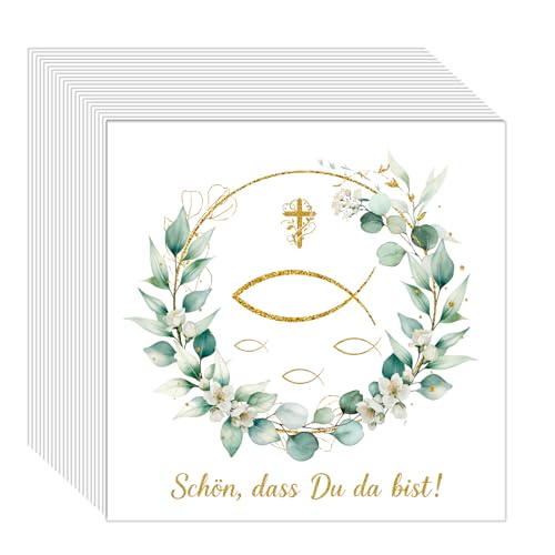 40 Servietten Kommunion, 33x33 cm Fisch & Eukalyptus Design, „Schön, dass du da bist!“, Tischdeko für Taufe, Kommunion, Konfirmation Deko Junge Mädchen,Festliche Anlässe