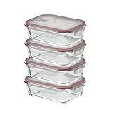 CASASELECCION 4 Tuppers de Cristal Hermético con Tapa y válvula de ventilación de 1040 ml para Comida, Recipiente de Vidrio, Uso Apto en Horno/Microondas/Lavavajillas/Congelador, Sin BPA
