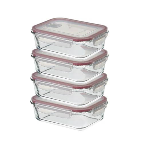 CASASELECCION 4 Tuppers de Cristal Hermético con Tapa y válvula de ventilación de 1040 ml para Comida, Recipiente de Vidrio, Uso Apto en Horno/Microondas/Lavavajillas/Congelador, Sin BPA