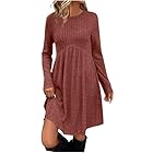 Long Sleeve Pleated Dress for Women Crew Neck Empire Waist Tunic Dresses with Pockets Casual Babydoll Sweater Dress