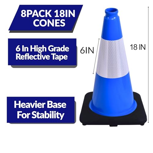 Image of BESEA 8 Pack 18 Inch Blue Traffic Cones with Wide Stable Base