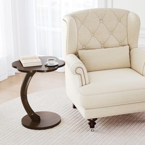 Image of Uniclinens C-Shaped Solid Wood Round End Table - Side Table for Couch, Sofa Tables Slide Under Couch for Living Room, Small Nightstand for Small Space, Dark Walnut
