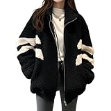 [link bleu] ボア ジャケット レディース 秋冬 アウター オーバー サイズ ゆったり ショート 丈 配色 ライン おしゃれ ブラック ホワイト (XL, ブラック)