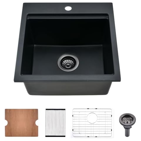 21 Inch Black Drop In Bar Sink Granite Workstation-Bokaiya 21x20 Bar Sink Drop In Matte Black Quartz Composite Small Bar Sink Outdoor Rv Single Bowl Wet Bar Sink with Cutting Board Cover