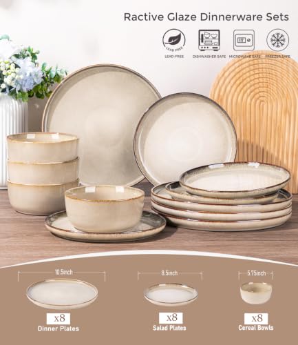 Image of GBHOME Dinnerware Sets for 8, 24 Pieces Stoneware Plates and Bowls Sets, Scratch Resistant Dishes, Dishwasher & Microwave Safe, Reactive Glaze