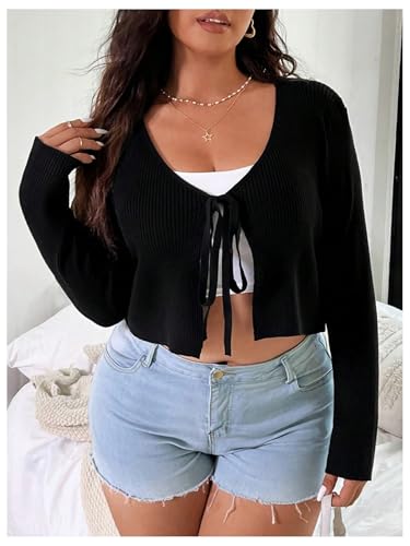 Image of Floerns Women's Tie Front Long Sleeve Rib Knit Shrug Sweaters Cardigan Crop Top Black 2XL