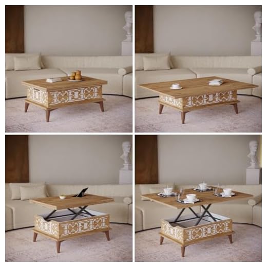 BERA DESIGN SMART FURNITURES Moroccan Extendable Lift Top Coffee Table & Dining Table 6 IN 1 Convertible Multifunctional Design Up to 6 Person (Natural Terra)