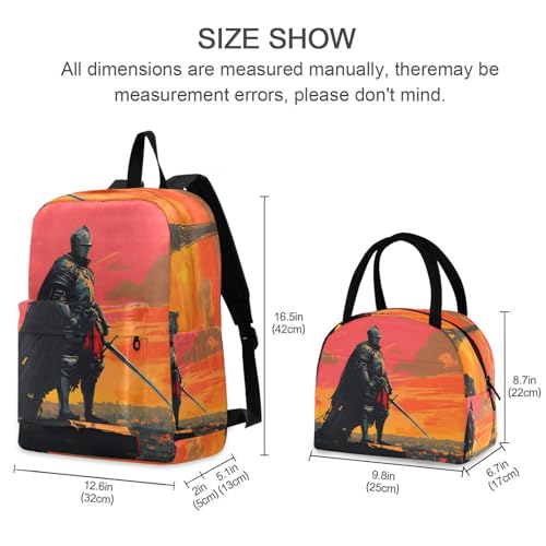 Backpack Lunch Bag Set Knight in Paris Print, Big Storage Travel Backpacks with Insulated Lunch Box for Office Hiking Picnic2