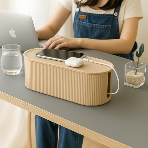 Image of Soko Cable Management Box with Mobile Stand | Cords Hider & Surge Protector | Concealer for Power Strips, Router, TV, Gadget Wires Storage Organizer Tray for Desk, Table - Home, Office - Brown