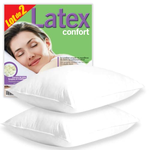 Oreiller Moelleux 60x60 cm Lot de 2 ✯100 Nuits D'ESSAI✯ Oreillers en Latex Naturel Confort (Garantie à vie) 2x Gros Coussins Extra Moelleux Souple/Gonflant/Durable pour Mieux Dormir ✪Marque Française✪ Cover