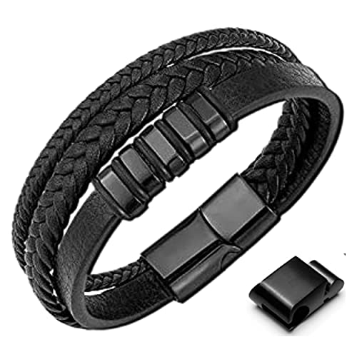 GENAC Bracelet Pour Homme En Cuir Véritable De Haute Qualité Et Acier Inoxydable Avec Fermoir Magnétique Amovible Pour Régler Facilement La Longueur Le Bijou Parfait Pour Une Super Idée Cadeau