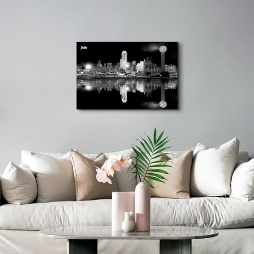 Image of Night Cityscape Wall Art for Bedroom Black and White Wall Decor State of Dallas Texas Skyline Pictures Canvas Prints Modern City Downtown Poster Artwork for Living Room Decoration 16x24 inch Ready to Hang
