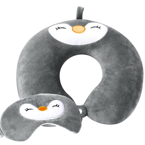 twirush Coussin de voyage en forme de U en mousse à mémoire de forme - En forme de pingouin - Pour adultes et enfants - Avec masque de sommeil mignon - Pour...