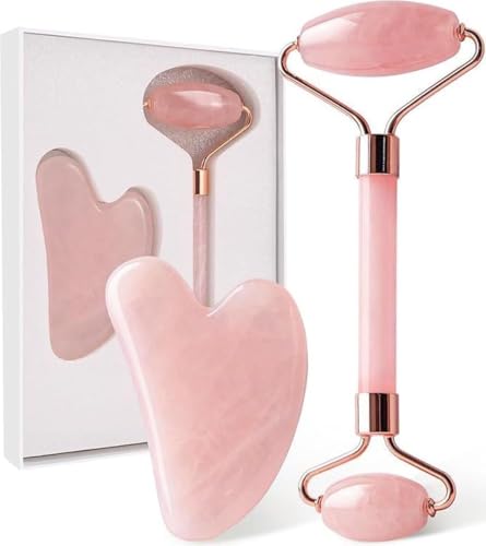 HG AESTHETICS Rodillo de Jade con Piedra Gua Sha | Set de Masaje Facial | Aumenta la Elasticidad de la Piel y la Producción de Colágeno | Alivia la Tensión y Reduce la Hinchazón (Rosa)