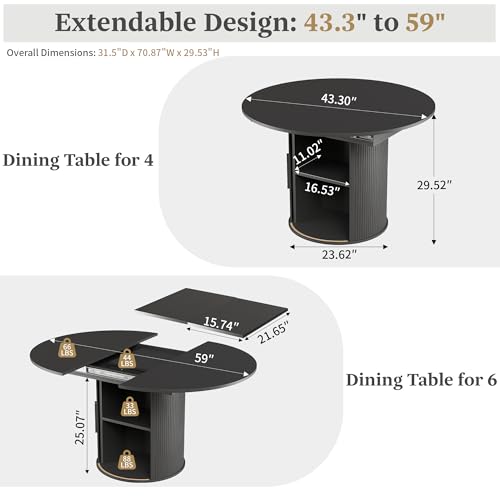 Image of weselon 43 inch-59 inch Extendable Round to Oval Dining Table with Hidden Storage, Modern Wooden Kitchen Table with Fluted Sliding Door Cabinet, Expandable Dinner Table for Dining Room Living Room (Black)