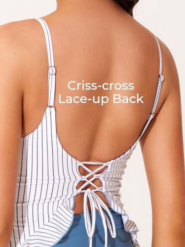 Summer Mae Maternity Swimsuit One Piece Ruffle Cutout Pregnancy Bathing Suit Lace Up Swimwear Blue Stripe X-Large - Image 5