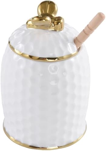 Miniatura 1 de Pampa Bay Get Gifty - Tarro de miel de porcelana y cuchara de peine, color blanco con ribete dorado