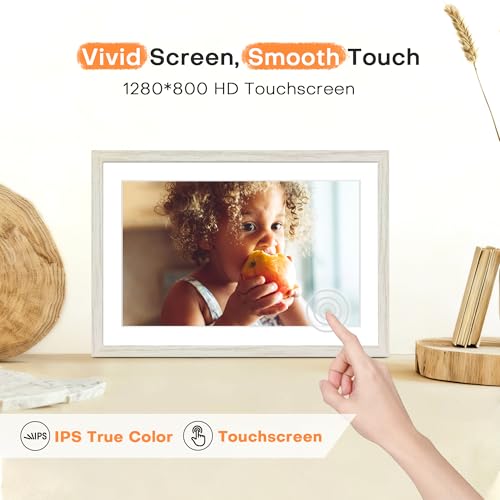 Image of Frameo 10.1 Inch WiFi Digital Picture Frame, Frameo Digital Frame WiFi 32GB | 1280x800 HD Touch Screen, Instant Sharing Electronic Photo Frame, Auto-Rotate, Wall Mountable, Mom Gifts, White Woodgrain