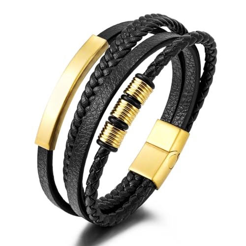 Bracelet homme multicouche en cuir tressé avec perles géométriques tendance