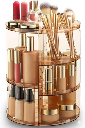 Image of Masirs 360 Rotating Makeup Organizer - Adjustable Shelf Height and Fully Rotatable - The Perfect Round Spinning Cosmetic Organizer for Bedroom Dresser or Vanity Countertop Storage (Brown)