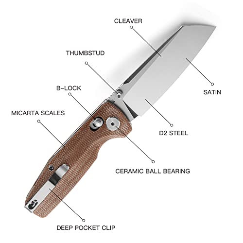 Bestech Knives Pocket Folder Folding Knife: 3.07" D2 Steel Cleaver Stonewashed Blade, Micarta Scales, Thumbstud, B-Lock, Edc Steel Clip, Bg43D (Natural) #TOP2