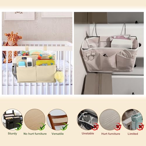 Image of Surblue Bedside Caddy Hanging Organizer Storage Bag for Bunk and Hospital Beds, College Dorm Rooms, Baby Rails, Camp - 4 Pockets, 2 Hooks (Small, Beige)