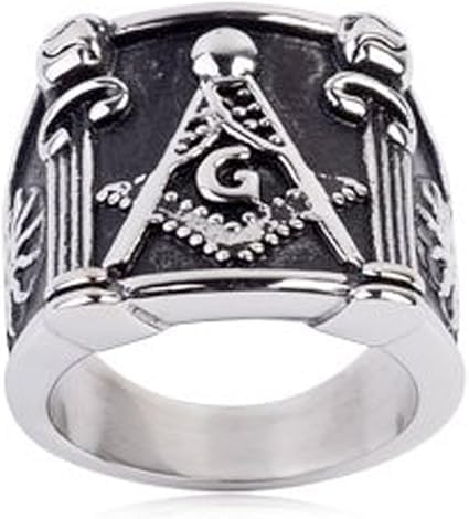 Mason Zone™ Pillar Face Stainless Steel Freemason Ring/Masonic Ring - Freemason's Jewelry for Free Masonry Member. Compass and Square symbol emblem