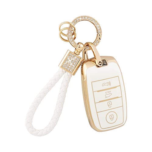 PIFOOG Key Fob Cover for Kia Optima Soul Sportage Sorento Forte Rio Niro Accessories Bling Keychain Soft TPU Car Keys Case Shell 4 Buttons Protector Girly Women Cute White Gold
