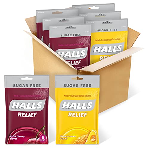 HALLS Relief Variety Pack Honey Lemon and Black Cherry Sugar Free Cough Drops, 6 Packs of 25 Drops (150 Total Drops)